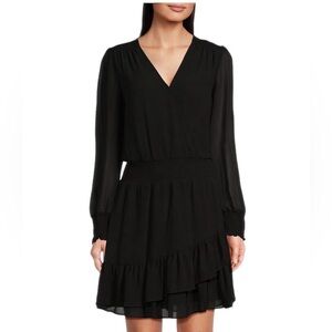 Michael Kors Georgette Mini Dress Medium Black Long Sleeve Smocked Wrap Party